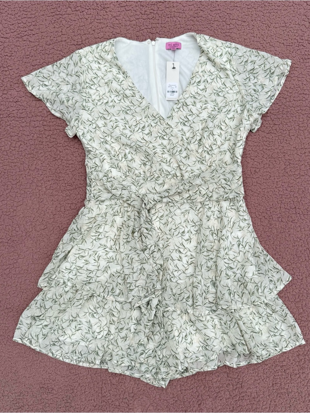 Francesca's Collections Cream & Green Floral Wrap Romper